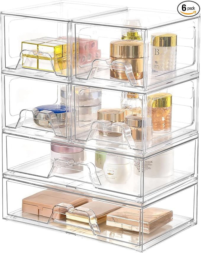 6 Pack Stackable Storage Drawers Clear Acrylic Organizer Makeup Bathroom Organizer and Storage Bins for Beauty Supplies,Ideal for Vanity, Bathroom,Pantry Organization