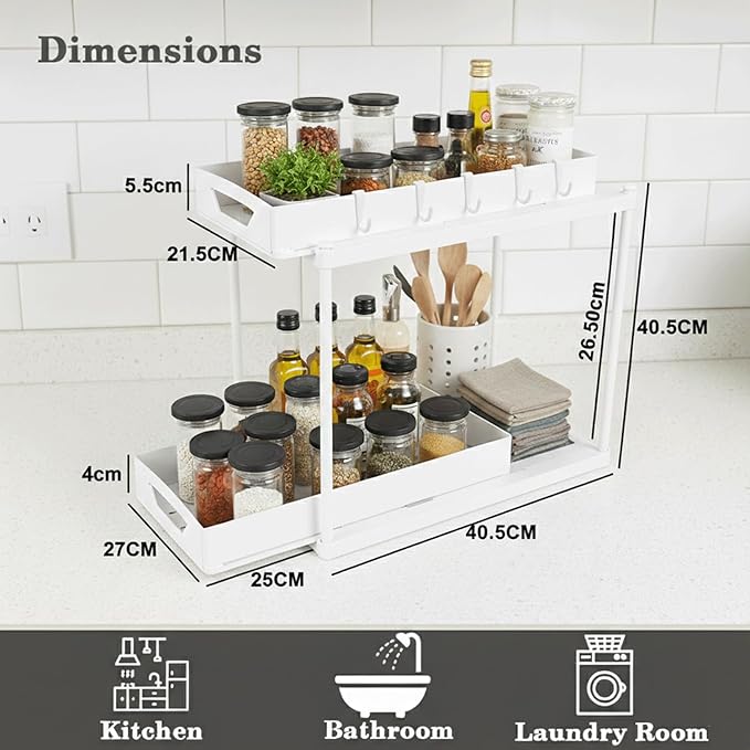 2 Pack Under Sink Organizer, Pull-Out Cabinet Storage Organizers for Bathroom & Kitchen, Multi-Purpose Under Counter Shelf Rack for Cleaning Supplies, Bottles & Toiletries, Cabinet Organizer (White)