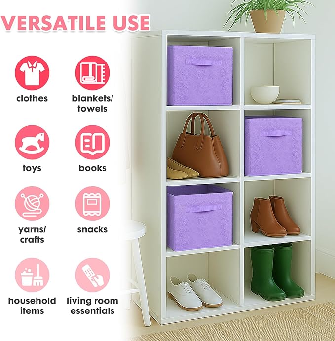 ShellKingdom Storage Bins, Foldable Fabric Storage Cubes with 3D Embossed Rose Pattern, Cloth Organizer Drawer For Closet And Toys, 10.5 X 10.5 X 11 inch, 2 Pack (Lavender)