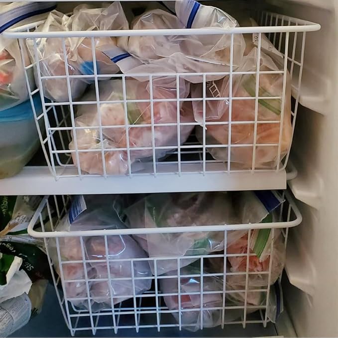 3 Pack Freezer White Wire Baskets for Organizing Office Wire Storage Basket with Built-in Handles, 14" Large White Metal Baskets for Pantry Freezer Kitchen Cabinets