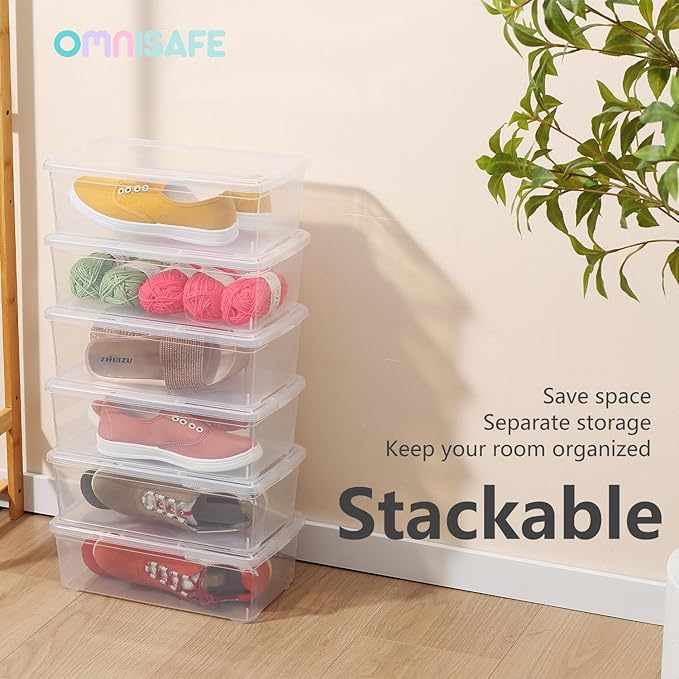 6 Quart Stackable Plastic Storage Shoebox, BPA-Free Nestable Container with Latching Lid to Organize, See-Through Box for Home and Office, Multi-Purpose Clear Bins (Transparent, 12 Pack)
