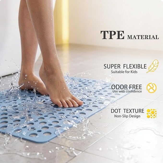 Mantto Bath Tub Shower Mat, Extra Soft Long Bath Mat Non-Slip with Suction Cups, TPE Bath Mat for Kids, Machine Washable Bathroom Mat (Blue, 35 x 16 Inch)