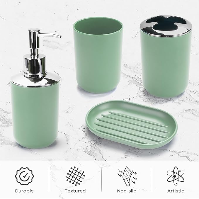 4 Pcs Sage Green Bathroom Accessories Set,Bohemian Bathroom Toothbrush Holder Set.Include Soap Dispenser, Soap Dish, Toothbrush Holder, Mouthwash Cup, Modern Bahtroom Decor Set