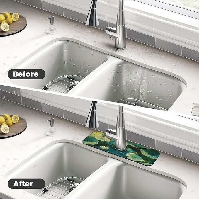 Faucet Draining Mat For Kitchen Sink, Green Lotus Leaves Diatom Mud Absorbent Drain Pad For Bathroom Kitchen Sink Splash Guard Drying Mat