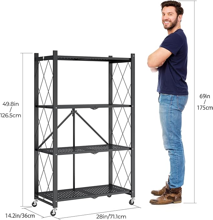 4-Tier Folding Metal Storage Shelf with Wheels, No Assembly Organizer Rack, Heavy Duty Collapsible Shelving Unit for Garage, Kitchen, Basement, Pantry, Living Room(New Upgrade - Black, 4 Tier)