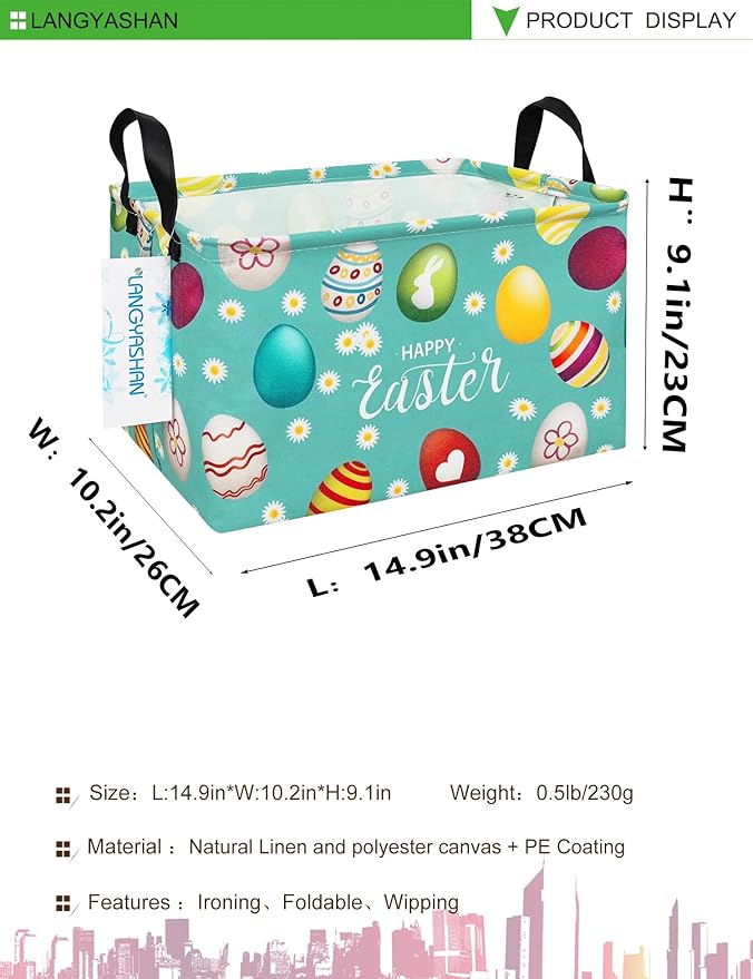 LANGYASHAN Rectangular Storage Bin Collapse Canvas Fabric Cartoon Storage Basket with Handles for Organizing Home Kitchen Boys and Girls Toys Office Closet Shelf Baskets (Rec Daisy Easter Egg)