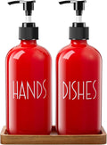 ALELION Red Dish Soap Dispenser for Kitchen - 16 OZ Glass Hand Soap Dispenser Set with Pump and Acacia Wood Tray - for Red Kitchen Decor or Accessories