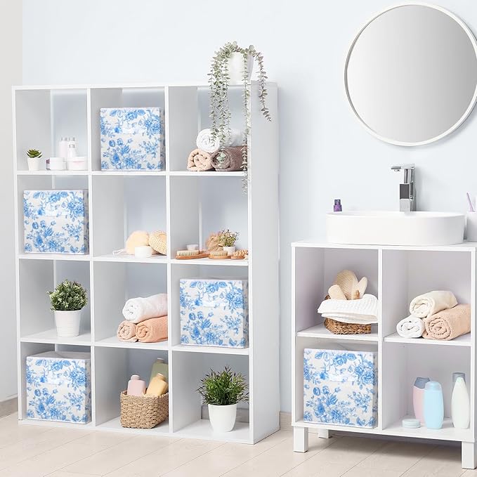 Geelin 6 Pcs Blue Floral Cube Storage Bins 11 Inch Blue Flower Storage Basket with Handle, Preppy Girls Organizer Basket, Collapsible Fabric Box for Classroom Bedrooms Office Home Decoration Gift