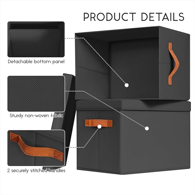 Storage Bins with Lids - Large Fabric Closet Bins with Lid, 8 Pack Clothes Organizers and Storage, Collapsible Stackable Cube Basket for Home, Office, Dorm, Black