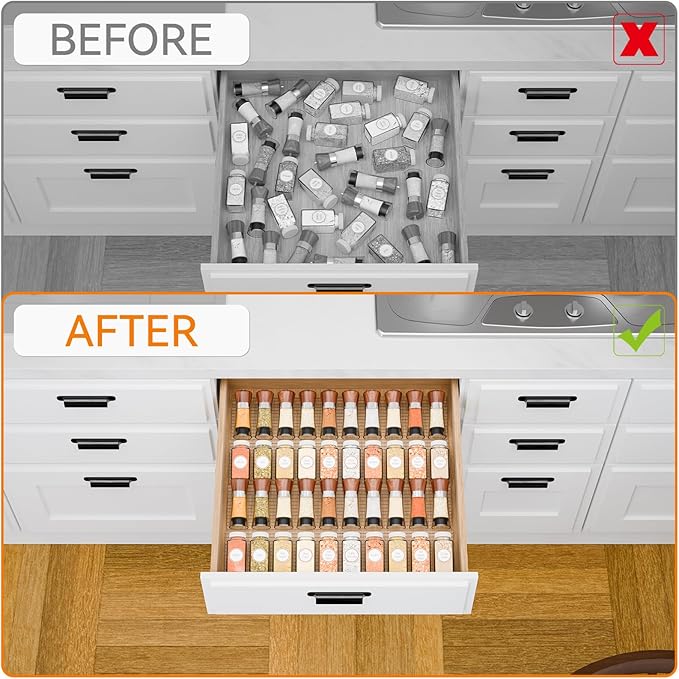 Yieach 8 Pack Adjustable In Drawer Spice Organizer - Expandable From 11" to 22" - Clear Acrylic Seasoning Organizer with Jars for Kitchen Drawer,Horizontal Tiered Kitchen Spice Organization & Tray