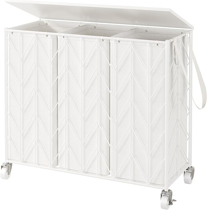 WOWLIVE Laundry Basket with Wheels, 142L Laundry Hamper 3 Section with Lid, Dirty Clothes Hamper with Removable Bags, Large Capacity Iron-Made Laundry Basket Organizer Laundry Sorter for Dorm, White