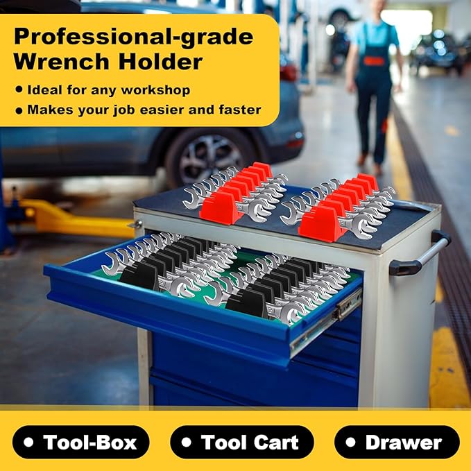 Chunful 100 Pcs Modular Wrench Organizer Holder Wrench Tool Organizers Storage Racks Set with Metric & SAE Label for Tool Box Drawer Storage for Father Brother Professional Mechanics Men (Black,Red)