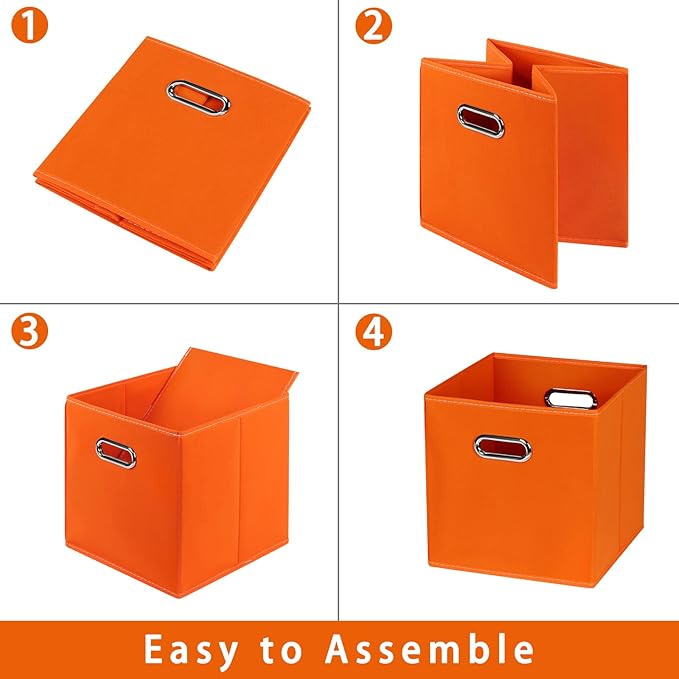 Fabric storage bins Cubes, Fabric Cube Organizer with Handle, Foldable Cube Bins for Cloth or Accessary Storage, 11x11x11, Set of 6, (Orange)