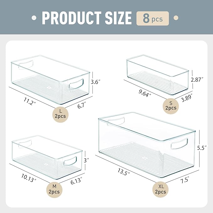 8 PACK Freezer Organizer Bins Fridge Organizer Stackable Storage Bins with Side Handles Refrigerator Organizers and Storage Home Organization Must Haves