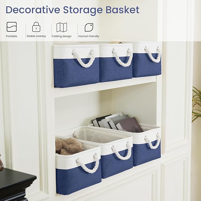 Storage Baskets for Shelves 13.8x9.8x6.7 Inch, Foldable Fabric Storage Bins with Handles, Small Storage Baskets for Organizing Closet, Office, Home Organization (3-Pack, White&Blue)