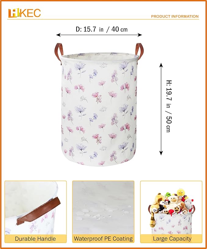 19.7’’ Waterproof Foldable Laundry Basket, Nursery Hamper, Dirty Clothes Hamper, Books Bins, Gift Baskets, Room Decor(Watercolor Flower)