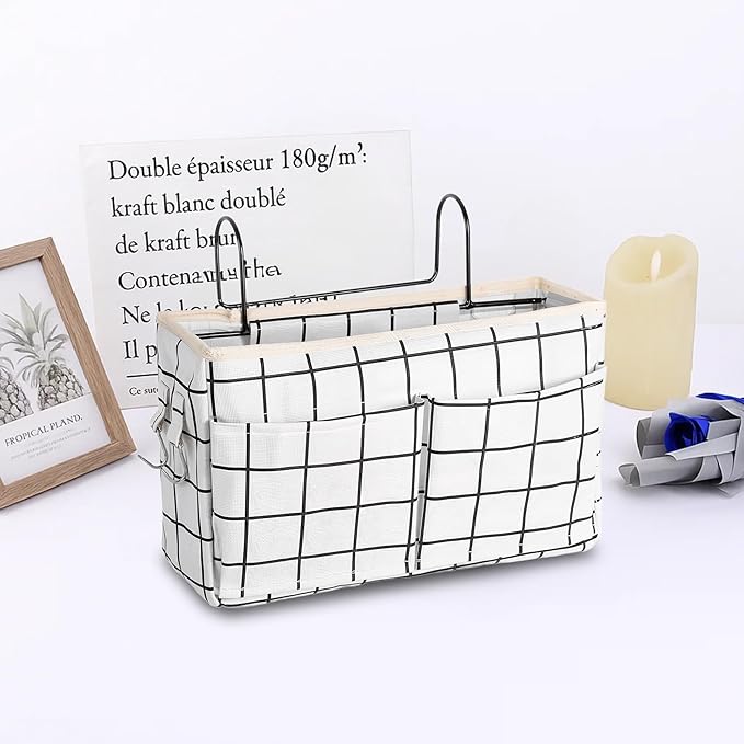 Bedside Caddy Organizer Hanging Storage Basket with Large Pockets & Hooks, Heavy-Duty Canvas Bedside Organizer for Bunk Beds, Dorm Rooms, Hospital Beds & Small Spaces (White Grid Pattern)