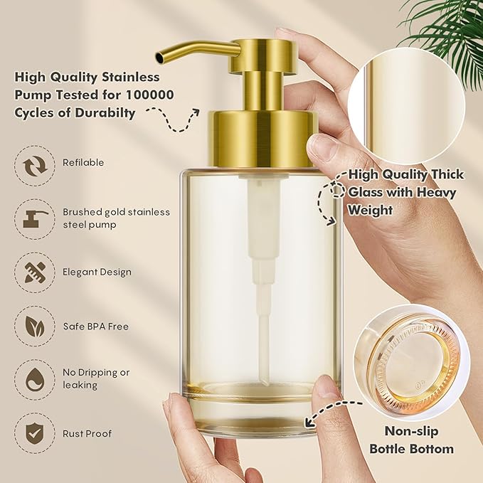 Glass Soap Dispenser with Stainless Steel Pump 2 Pack,12oz Thick Glass Gold Hand Liquid Soap Dispenser for Bathroom & Kitchen