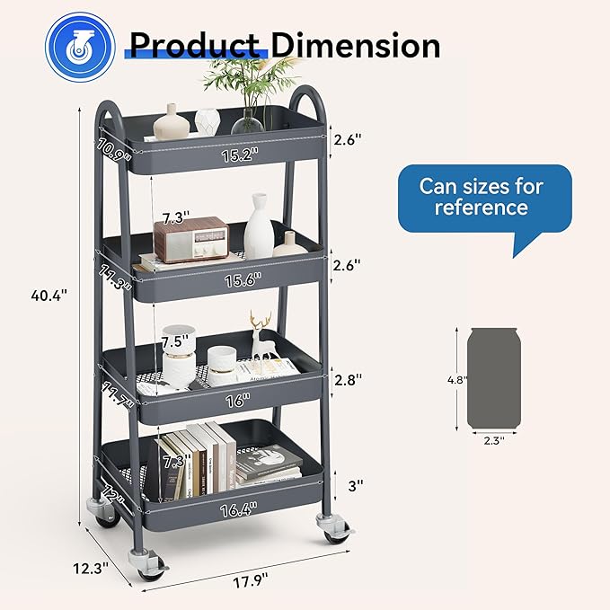 OLIXIS 4 Tier Utility Rolling Cart, Metal Mobile Storage Shelf with Lockable Caster Wheels, Organization for Livingroom, Bathroom & Narrow Places, 4-Tier Gray