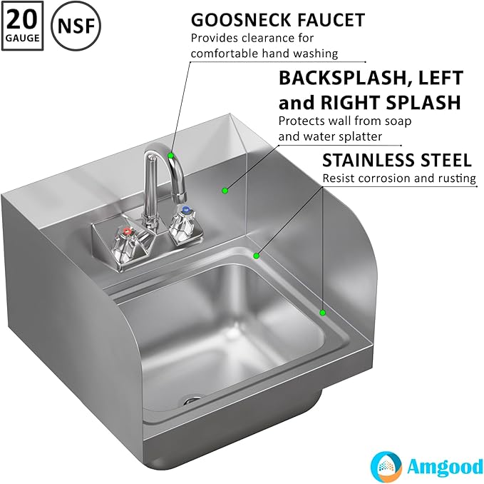15 in. x 15 3/4 in. NSF Certified Stainless Steel Hand Sink with Side Splash Guards- Commercial Wall Mount Hand Basin with Faucet. Ideal for Restaurants, Bars, Kitchens, and Stores