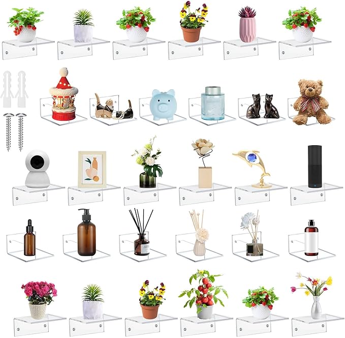 Juexica Small Acrylic Floating Shelves for Wall Adhesive Wall Mounted Shelves for Bathroom, Bedroom, Living Room, Office (Clear,30 Pcs)