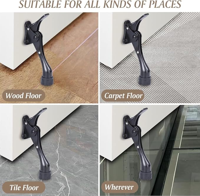 Kickdown Door Stopper 4 Inches - 2 Packs One Touch Adjustable Height Door Stop for The Bottom of Door The Bottom of Door Aluminum Alloy Metal Door Stopper with Rubber Tip Black