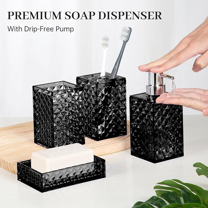 Bathroom Accessory Set, Grid Pattern 4 Pcs Plastic Bathroom Set Include Soap Dispenser, Soap Dish, Toothbrush Holder, Mousewash Cup, Modern Bahtroom Décor Set, Space Save for Bathroom(Black)