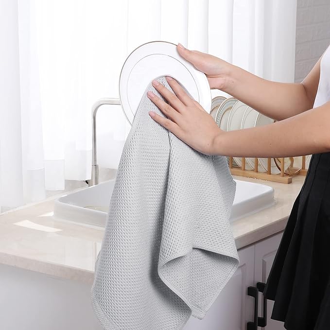 Homaxy 100% Cotton Waffle Weave Kitchen Dish Towels, Ultra Soft Absorbent Quick Drying Cleaning Towel, 13 x 28 Inches, 4-Pack, Light Gray