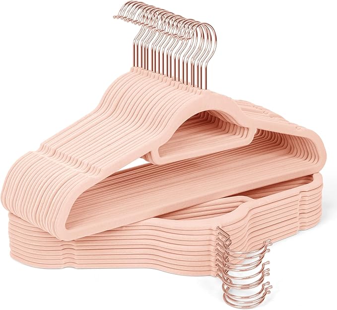 Velvet Hangers 30 Pack with Rose Gold Hooks, Non-Slip, Space Saving & Heavy Duty Slim Flocked Hangers for Clothes, Dresses, Suits, Coats & Pants(Pink)