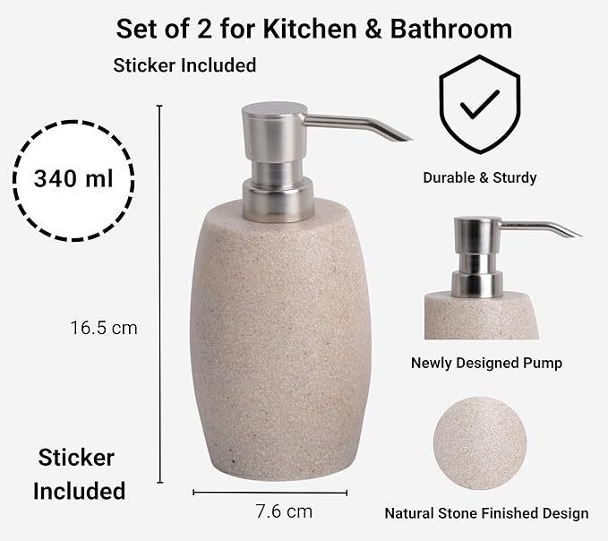 Sandstone Textured Resin Soap Dispenser with Metallic Pump and Waterproof Bottle Labels for Bathroom Kitchen Dish Hand Wash Shower Lotion Shampoo, 12 Oz, 2 Sets Beige