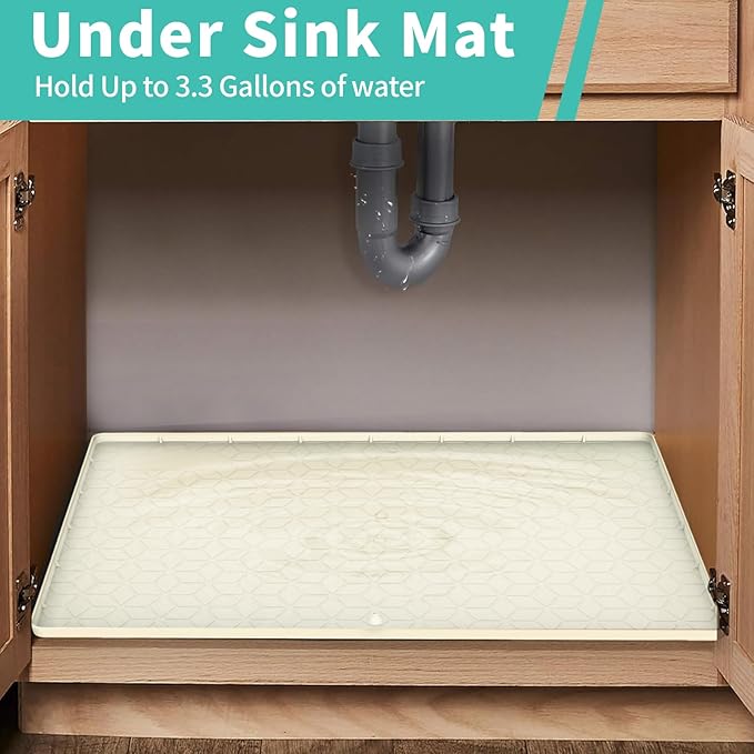 Under Sink Mat for Kitchen Silicone Waterproof Under Sink Liner, Flexible Sink Cabinet Organizer Tray with Drain Hole, Hold up to 3.3 Gallons Liquid, Easy to Clean (Beige, 34X22)