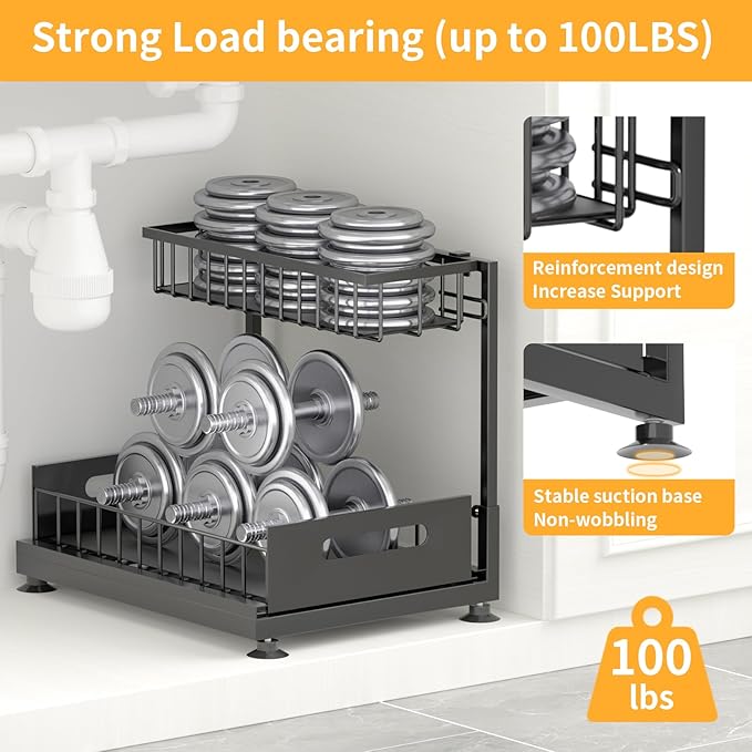 Under Sink Organizer Storage 2-Tier Premium Metal Pull-Out Kitchen Cabinet Organizer with Sliding Drawer, Height Adjustable, Heavy Duty for Kitchen & Bathroom Organizers 2 Pack Black