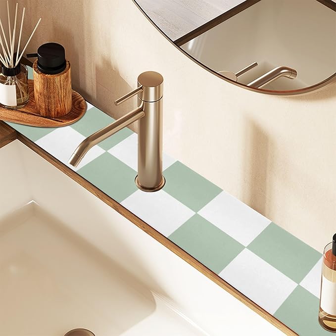 Kitchen Sink Splash Guard 1 PC 30 Inch Sink Faucet Mat Splash Guard for Bathroom Countertop Water Absorbent Foldable Cuttable Soft Washable Checkered White and Green