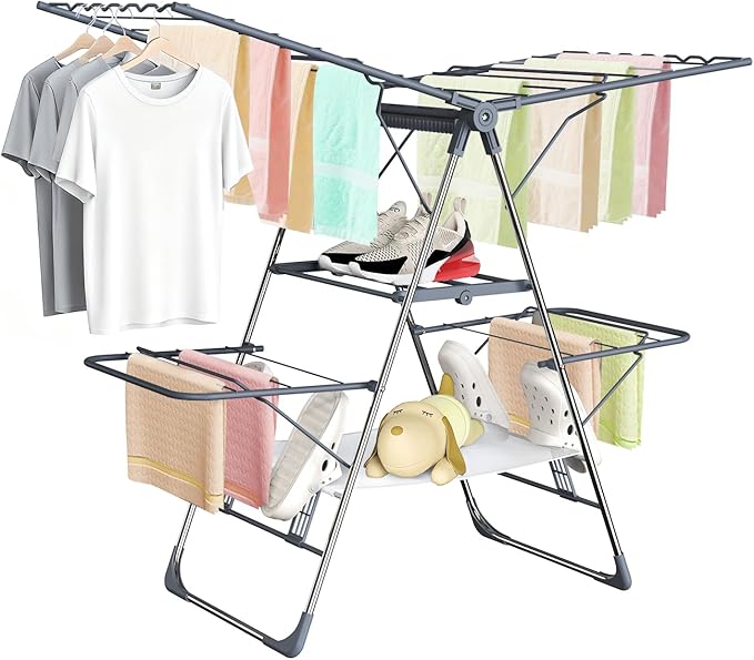 SZJoyBet Clothes Drying Rack, Foldable 2-Level Laundry Drying Rack for Clothes,Stainless Steel Drying Rack Clothing Collapsible for Indoor Outdoor,with Height-Adjustable Wings