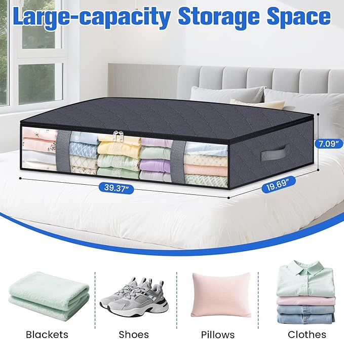 Under Bed Storage Containers, 4 Pack Blanket Storage Bags, Collapsible Storage Bags with Big Zippers, Clear Front, Shoe Storage and Organization for Clothes, Comforter, 90L, Grey