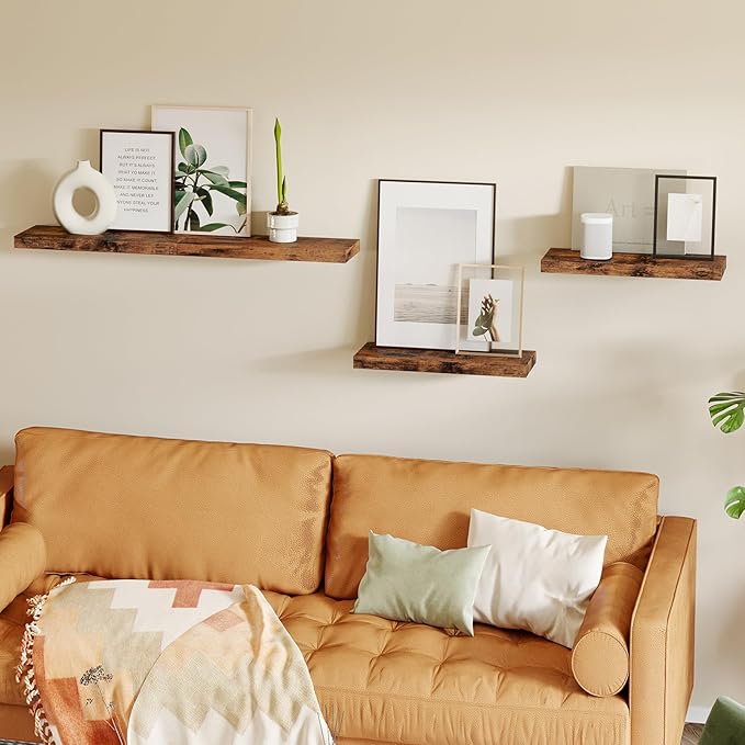 Fixwal 15.8in Wall Shelves, Rustic Wood Finish Floating Shelves Set of 4, Shelves for Wall Decor, with Invisible Brackets for Bathroom, Living Room,Bedroom and Kitchen(Rustic Brown) | Wall Shelves, for Bathroom, Living Room, Bedroom, Kitchen