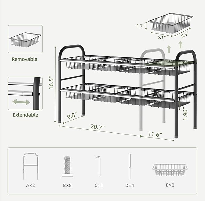 NETEL Under Sink Organizers and Storage, 2 Tier Expandable Under Cabinet Organizer Shelf with 8 Baskets, Expandable Shelf for Cupboard, Kitchen, Bathroom, Shoe Storage Rack