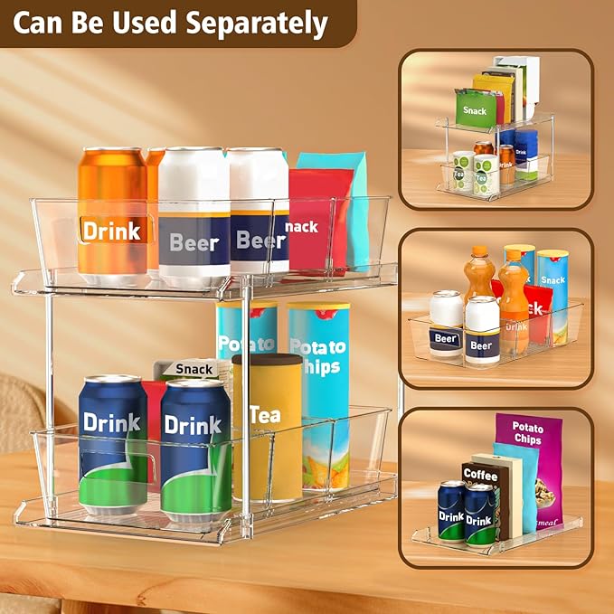 Pull-Out Home Organizers, 2 Tier Clear Bathroom Organizer with Dividers, Multipurpose Vanity Counter Tray, Kitchen, Closet Organizers and Storage Container Bins for Cabinet, Pantry