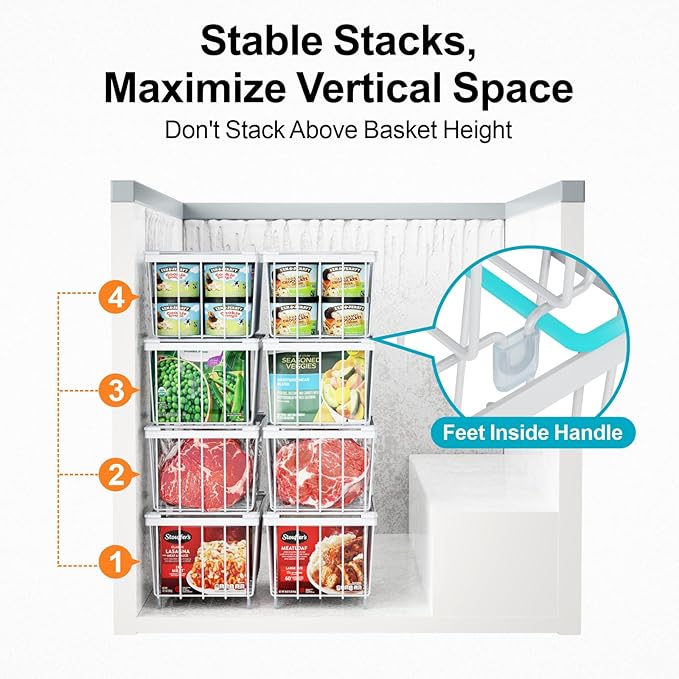 iSPECLE Chest Freezer Organizer Bins - Fits 7 Cu.Ft Deep Freezer, 6 Pack Stackable Wire Baskets(14.7" Length), Heavy Duty Coated Freezer Organizer, Rust Resistant for Frozen Food Sorting, White