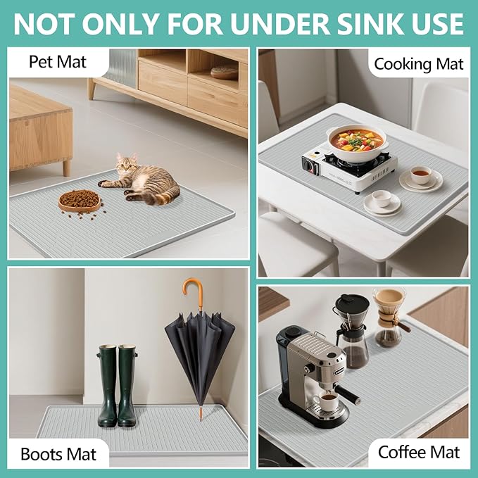 Lanstics 36" x 24" Under Sink Mat for Kitchen Under Sink Organizer Waterproof Raised Edge Silicone Mat Sink Protector Silicone Organizers Tray for Kitchen Bathroom