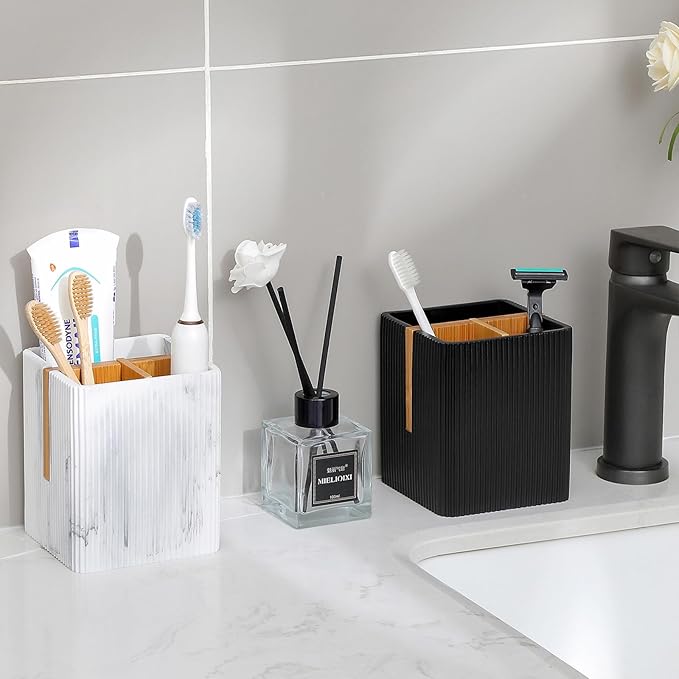 rejomiik Toothbrush Holders for Bathrooms Countertop, 3 Slots Electric Tooth Brushing and Toothpaste Storage Organizer Stand for Toiletries and Beauty Accessories, Marble White