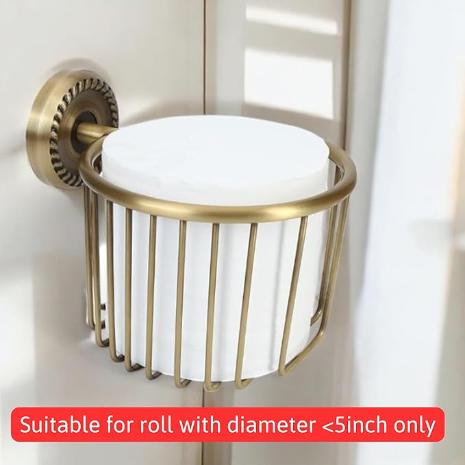 Vintage Bronze Wall Mounted Toilet Paper Holder – Antique Brass Bathroom Accessories Tissue Dispenser with Stable Metal Stand, Wire Basket Storage Rack - for Roll with Diameter <5inch Only