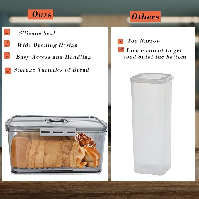 Bread Box Bread Boxes with Lid for Kitchen Counter, Airtight Loaf Bread Storage Container,Large Time Recording Bread Keeper for Homemade Bread, Toast, Bagel, Donut and Cookies (Grey)