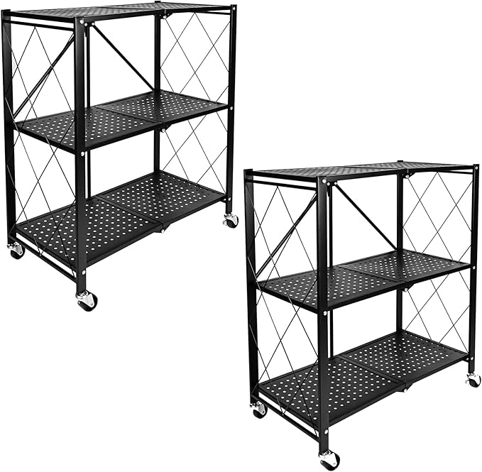 HealSmart Heavy Duty 3-Tier Foldable Metal Rack, 14.96" D x 27.95" W x 34.25" H Storage Shelving Unit 750 lbs with Wheels Moving Organizer Shelves for Garage Kitchen, Black, 2 Pack
