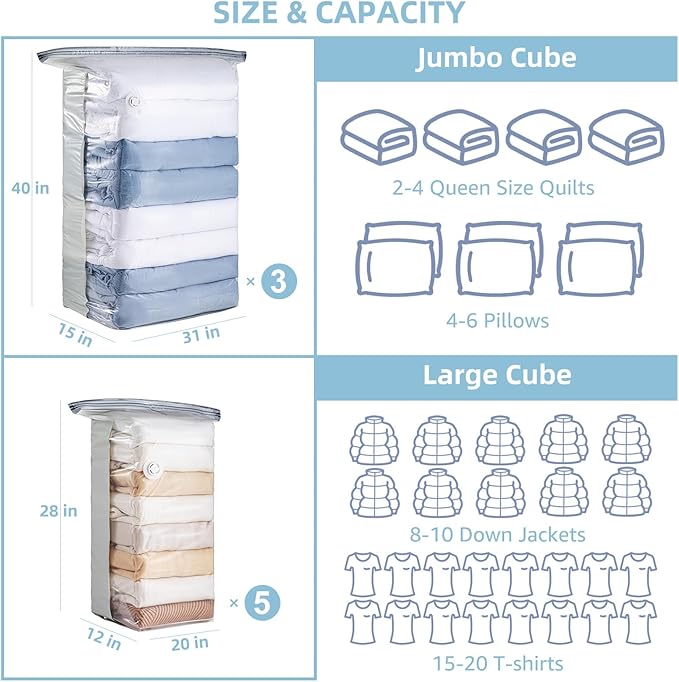 TAILINK 8 Pack Vacuum Storage Bags, Cube Combo (3 Jumbo+5 Medium), Vacuum Seal Bags for Clothing, Bedding, Blanket, Space Saving Closet Organization