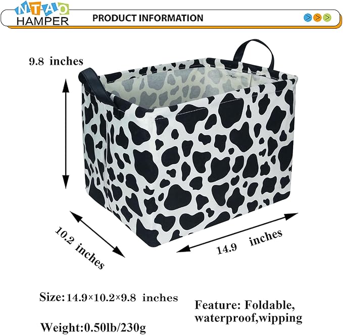Rectangular Cow Storage Basket, Waterproof Cowprint Box with Handles, Room Decor, Gift Basket for Cow Lovers, Collapsible Storage Bin