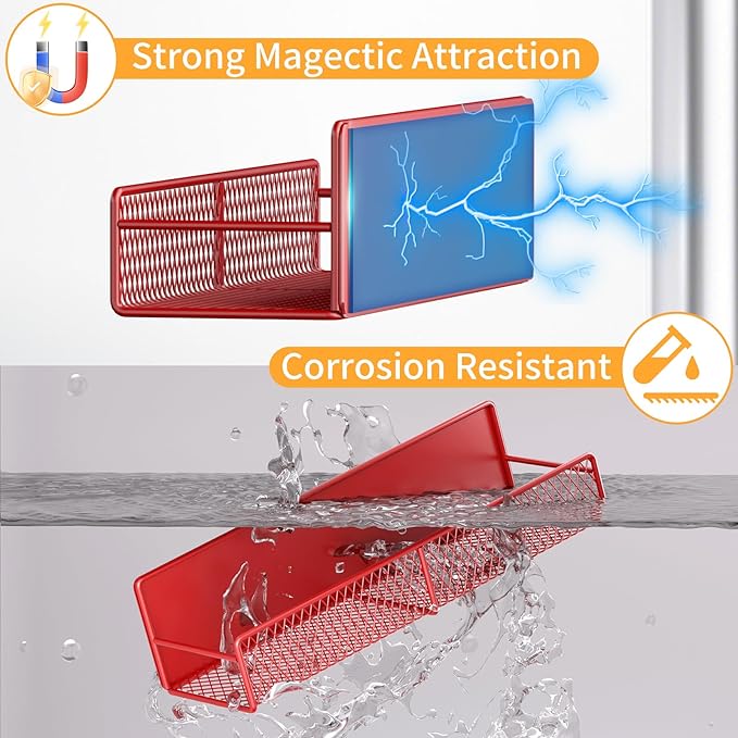 Magnetic Spice Rack for Refrigerator, 4 Pack 100% Metal Strong Magnet Fridge Shelves, Space Saving Spice Organizer, No Drilling Moveable Home Kitchen Laundry Room Storage Organization, Red