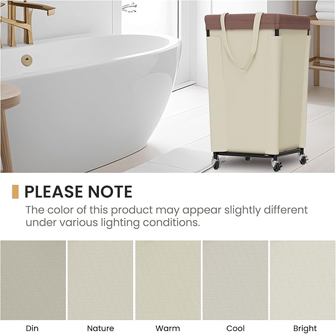 Laundry Basket with Wheels, Laundry Hamper with Removable Bag and Steel Frame, 160L Rolling Dirty Clothes Basket for Bedroom, Bathroom, Laundry Room (White-Brown)