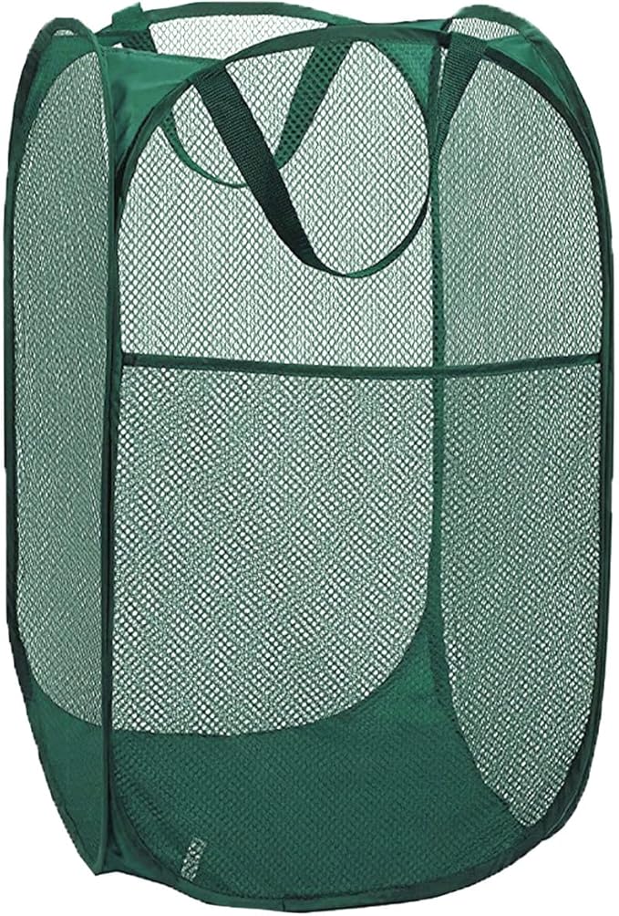 Pop Up Laundry Hamper, Reinforced Mesh Laundry Basket, Folding Clothes Storage Bin for Home, Dorm, Apartments, Travel (Green, Vertical)