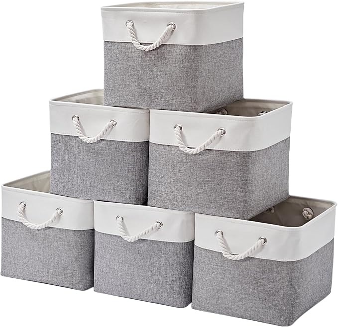 13×15×13 Inch Storage Cubes,6 Pack Cube Storage Bins for Shelves,Fabric Collapsible Storage Bins with Handles, Foldable Storage Basket for Organizing Clothes,Books (White&Gray,13"x15"x13")